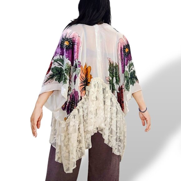 Ethos floral burnout velvet mesh fringed beaded embroidered lace trim kimono boh - Picture 3 of 9